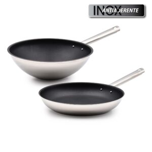 Conjunto Indução Wok + Frigideira Inox Antiaderente